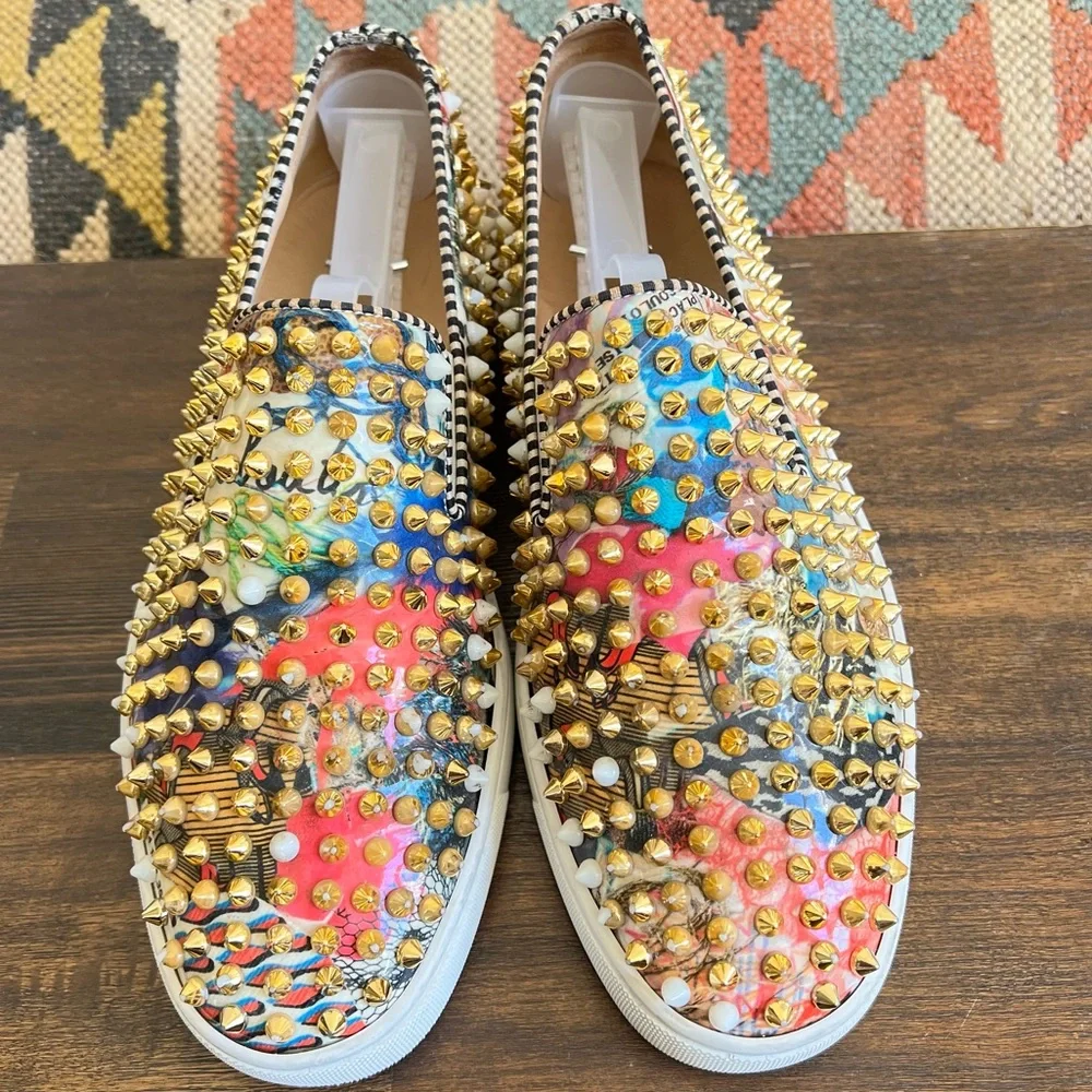 Christian Louboutin Gold Spikes Multicolor Mens (Unisex) Loafers EU40